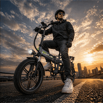 Man som kör KOOLUX RK10 hopfällbar fatbike-elcykel i stadsmiljö