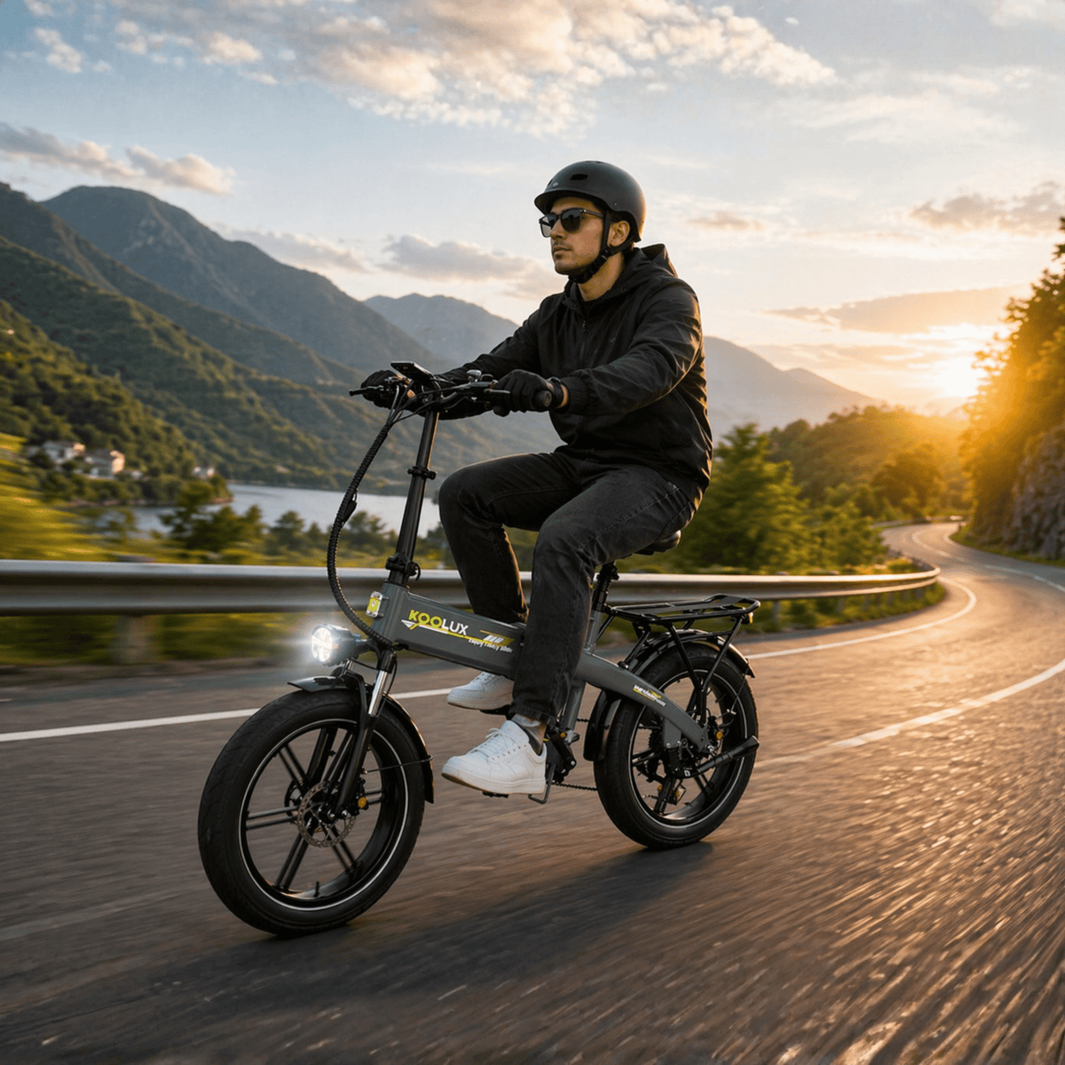 Man som kör KOOLUX RK10 hopfällbar fatbike-elcykel på en väg