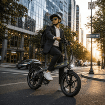 Man som kör KOOLUX RK10 hopfällbar fatbike-elcykel i stadsmiljö i solnedgång