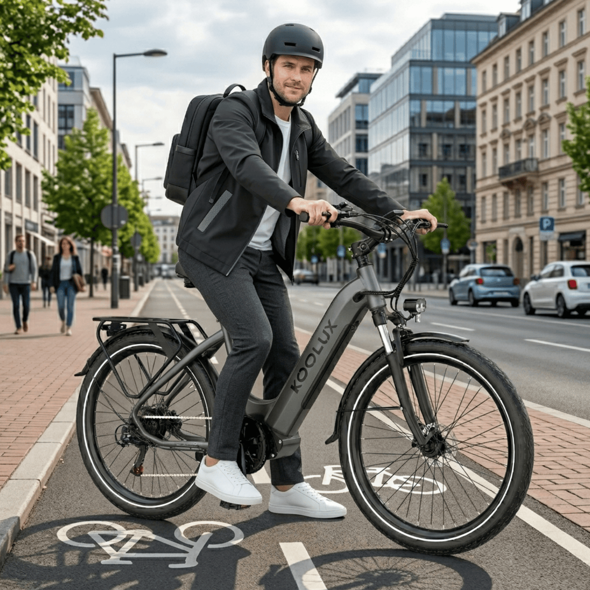 Man står med KOOLUX X2 elcykel i stadsmiljö