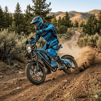Förare kör KOOLUX X9 Mini fatbike-elcykel i terräng i färgen blå