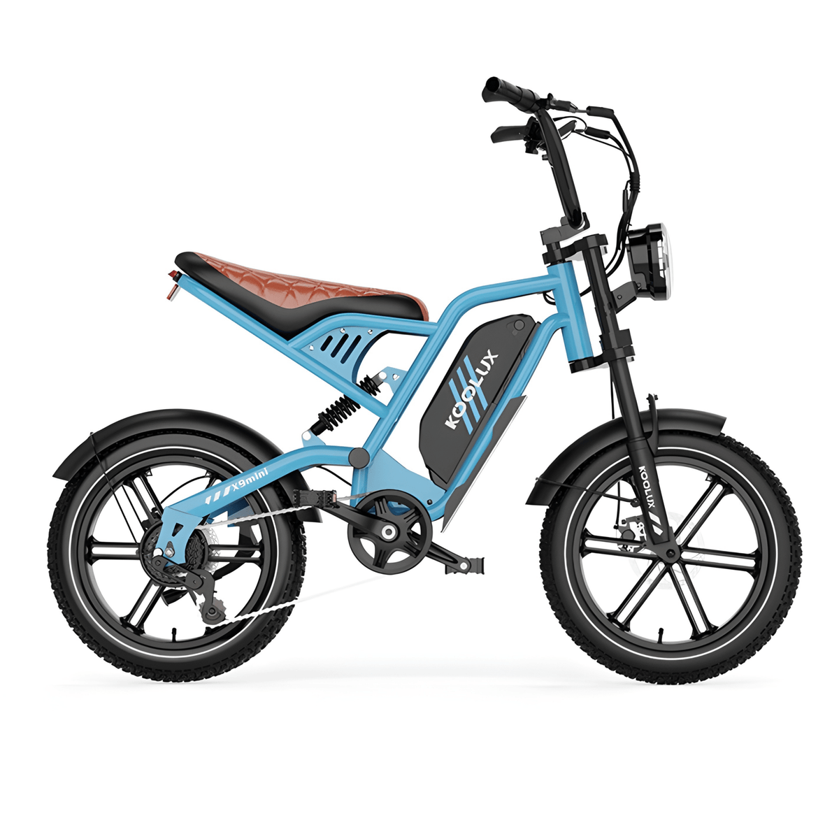KOOLUX X9 Mini fatbike-elcykel sedd från sidan i färgen blå