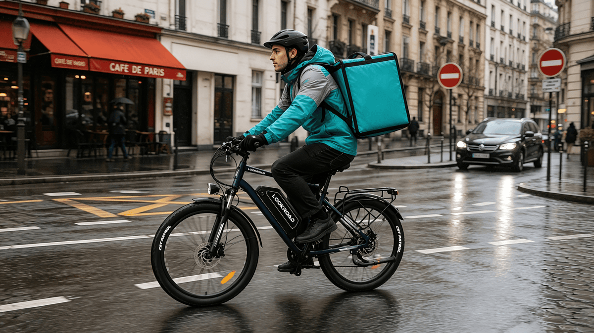 Man som kör LOOKROAD L28 Max fatbike-elcykel i stadsmiljö