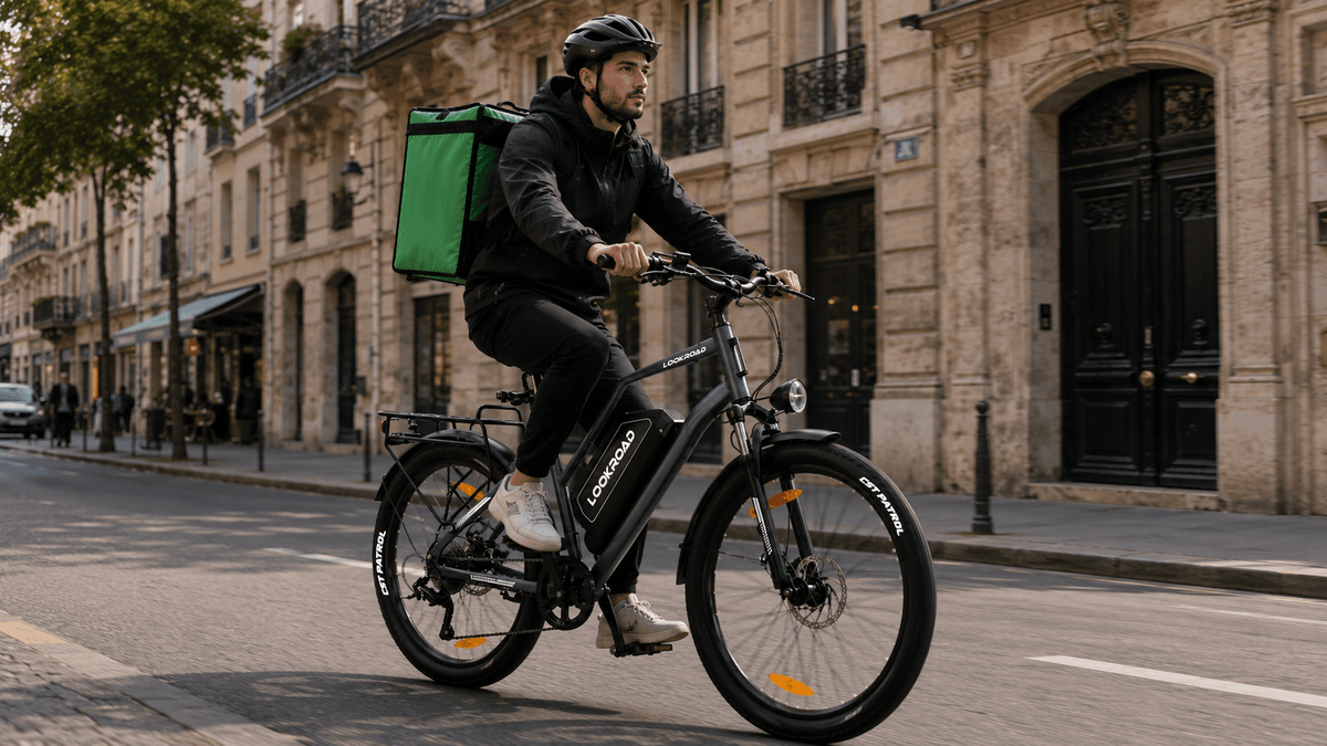 Man som kör LOOKROAD L28 Max fatbike-elcykel i stadsmiljö