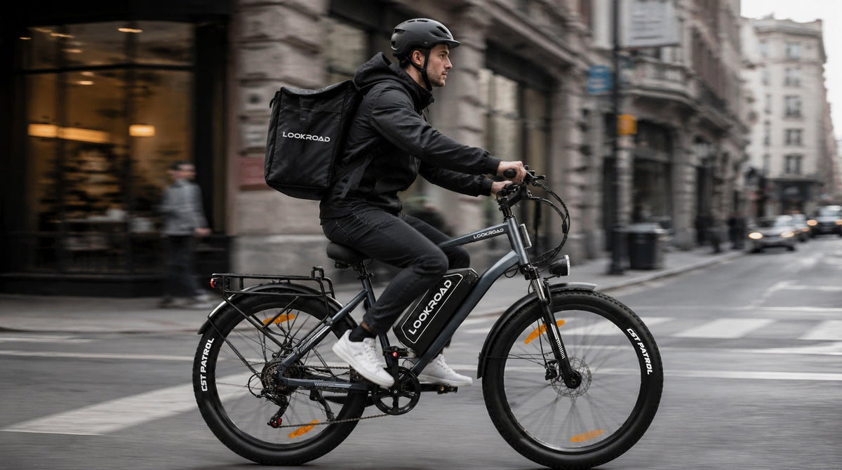 Man som kör LOOKROAD L28 Max fatbike-elcykel i stadsmiljö