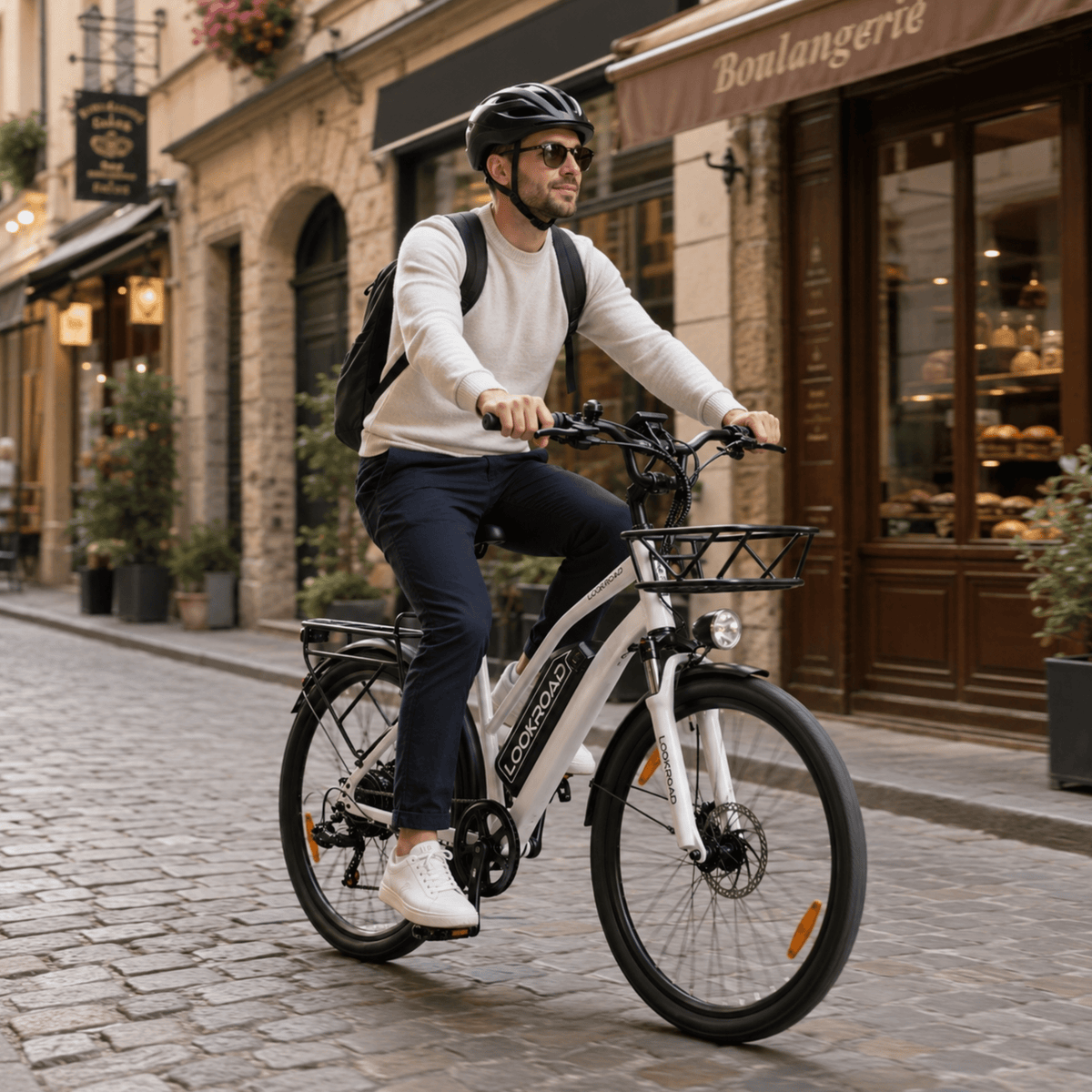 Man som kör LOOKROAD L28 MIN elcykel på en gata