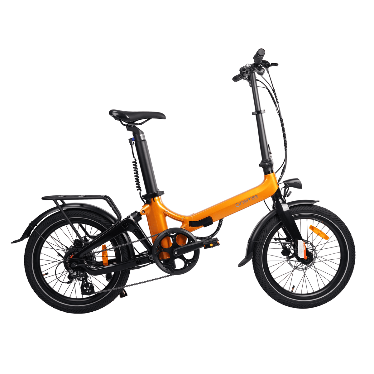 Onemile E2 hopfällbar elcykel sedd från sidan i färgen orange