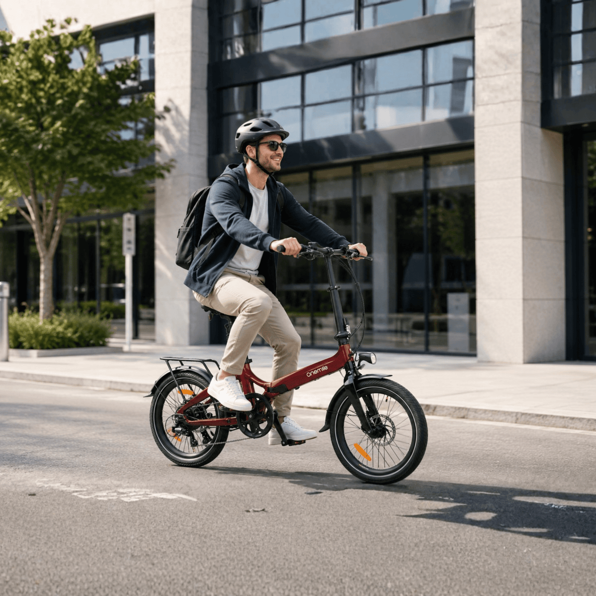 Man som kör Onemile E2 hopfällbar elcykel i stadsmiljö