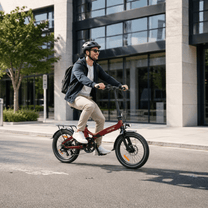 Man som kör Onemile E2 hopfällbar elcykel i stadsmiljö