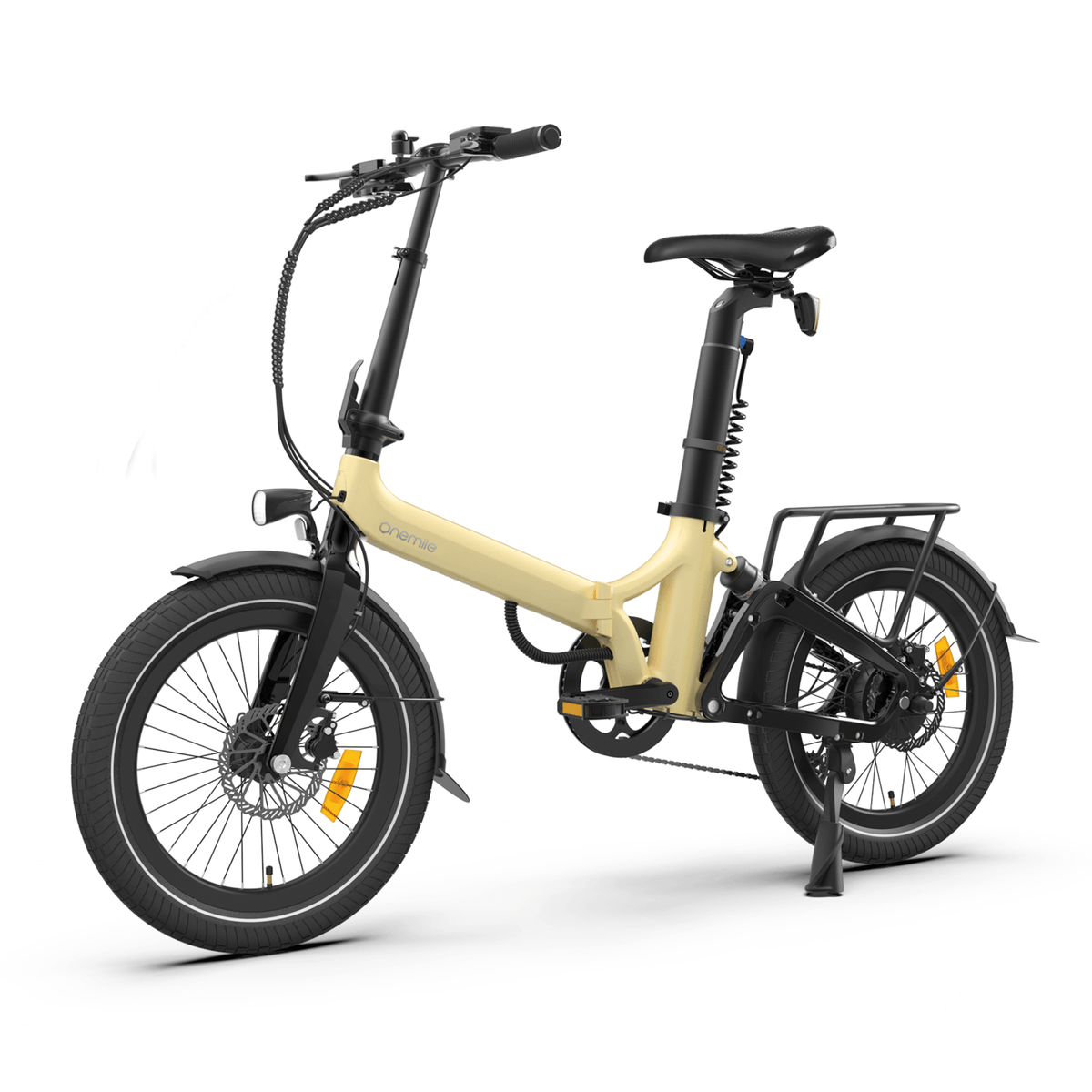 Onemile E2 hopfällbar elcykel snett framifrån i färgen beige