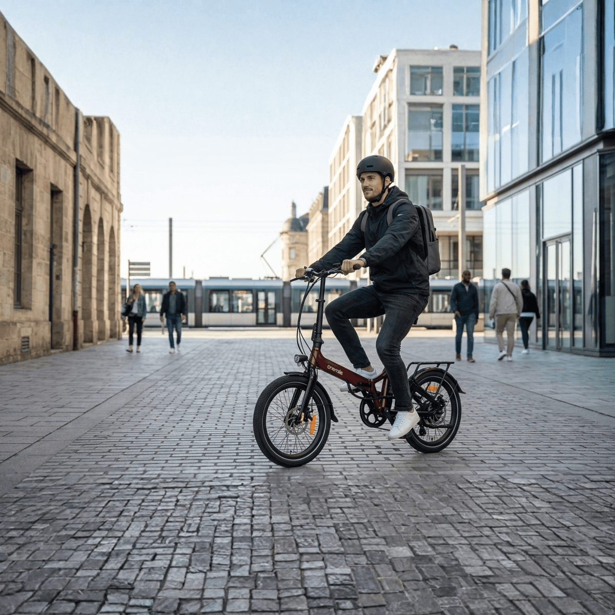 Man som kör Onemile E2 hopfällbar elcykel på en gata