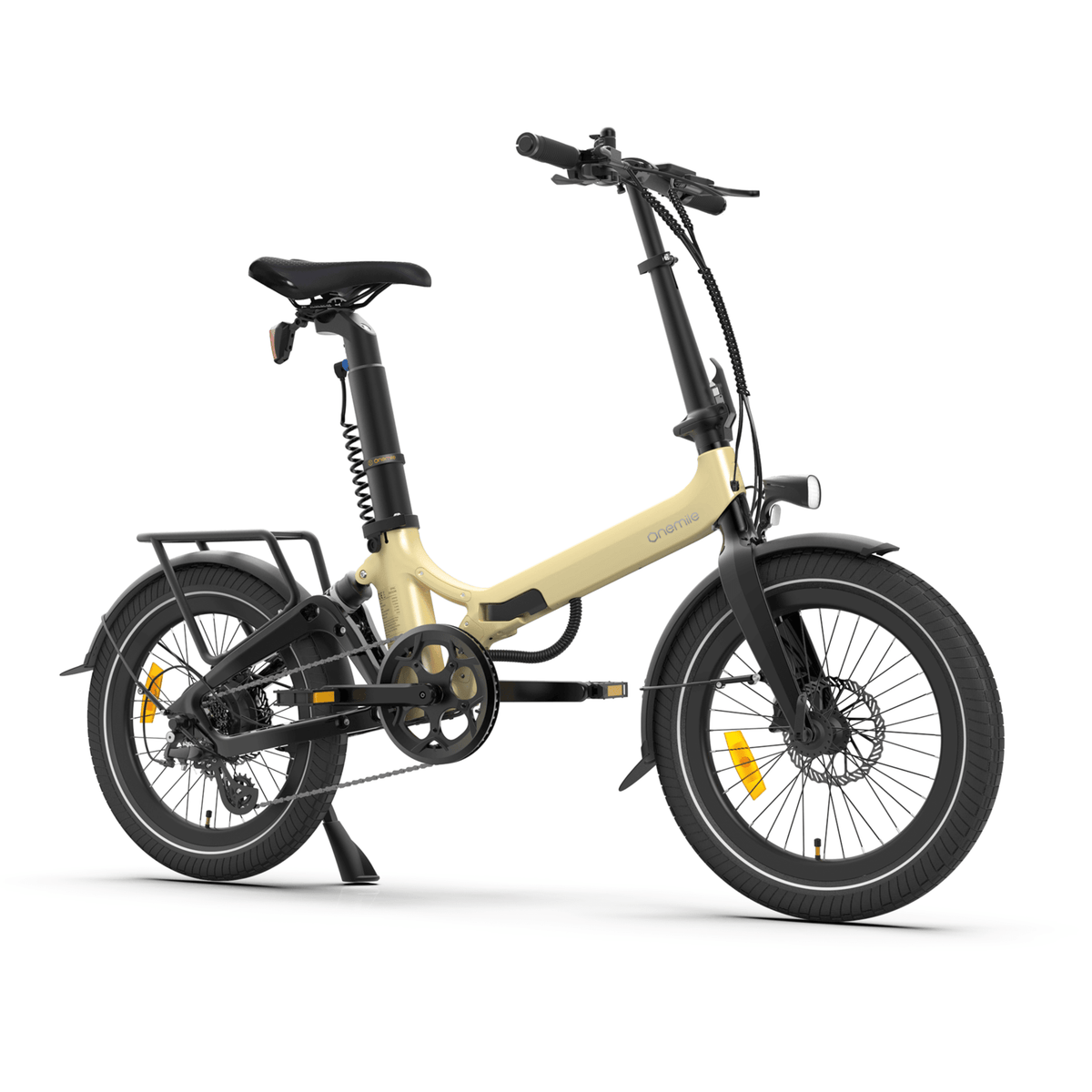 Onemile E2 hopfällbar elcykel snett framifrån i färgen beige