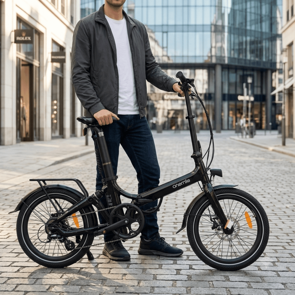 Man står med Onemile E2 hopfällbar elcykel i stadsmiljö
