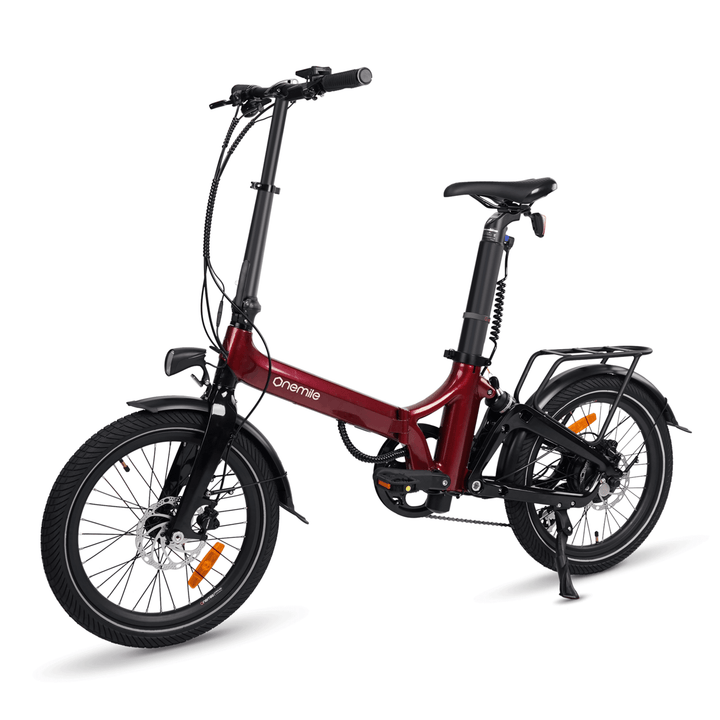 Onemile E2 hopfällbar elcykel snett framifrån i färgen röd