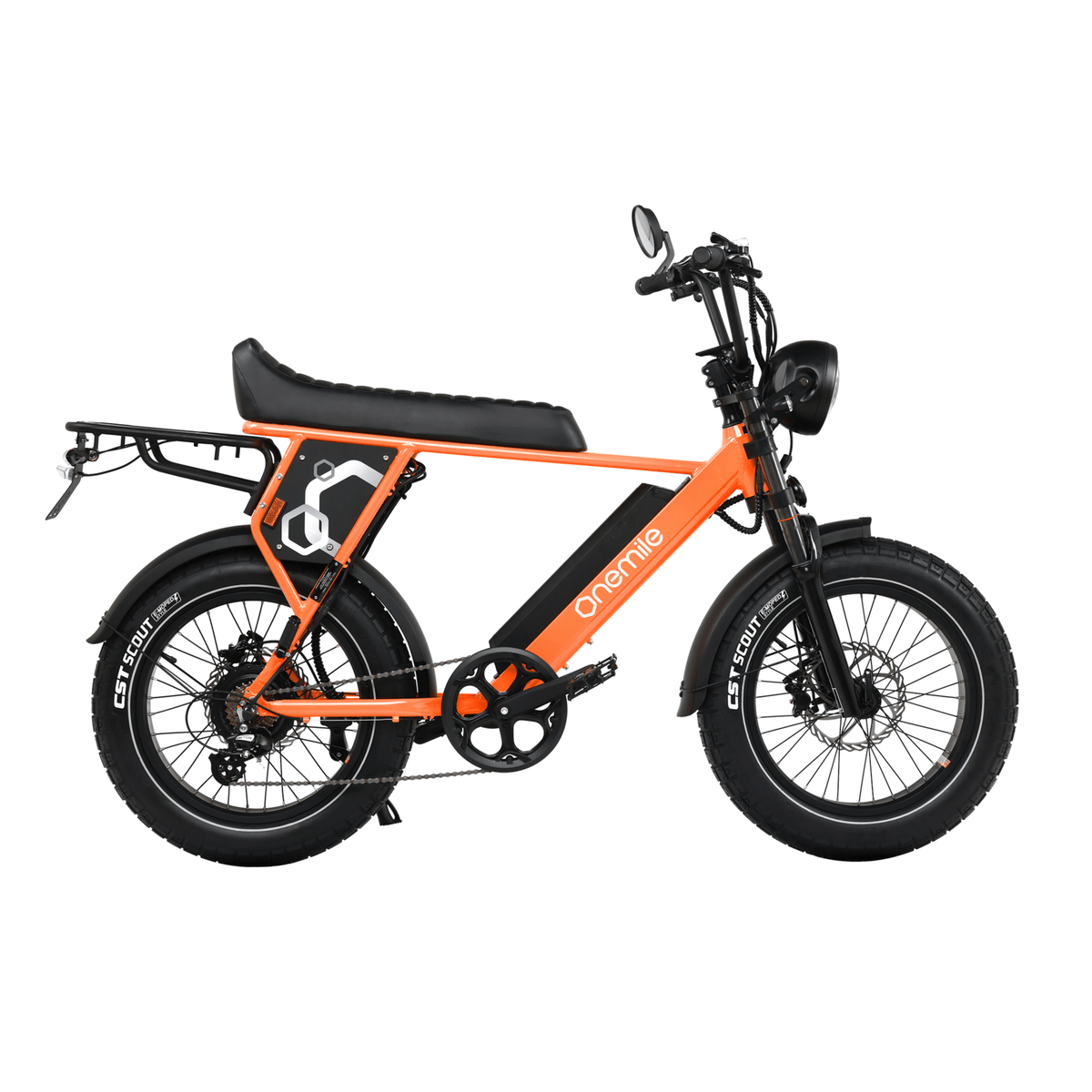Onemile P40 Pro fatbike-elcykel sedd från sidan i färgen orange