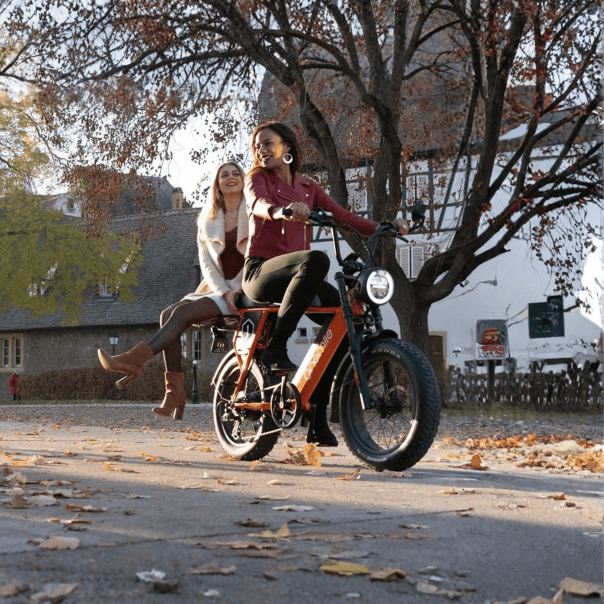 Kvinna står med Onemile P40 Pro fatbike-elcykel i en park