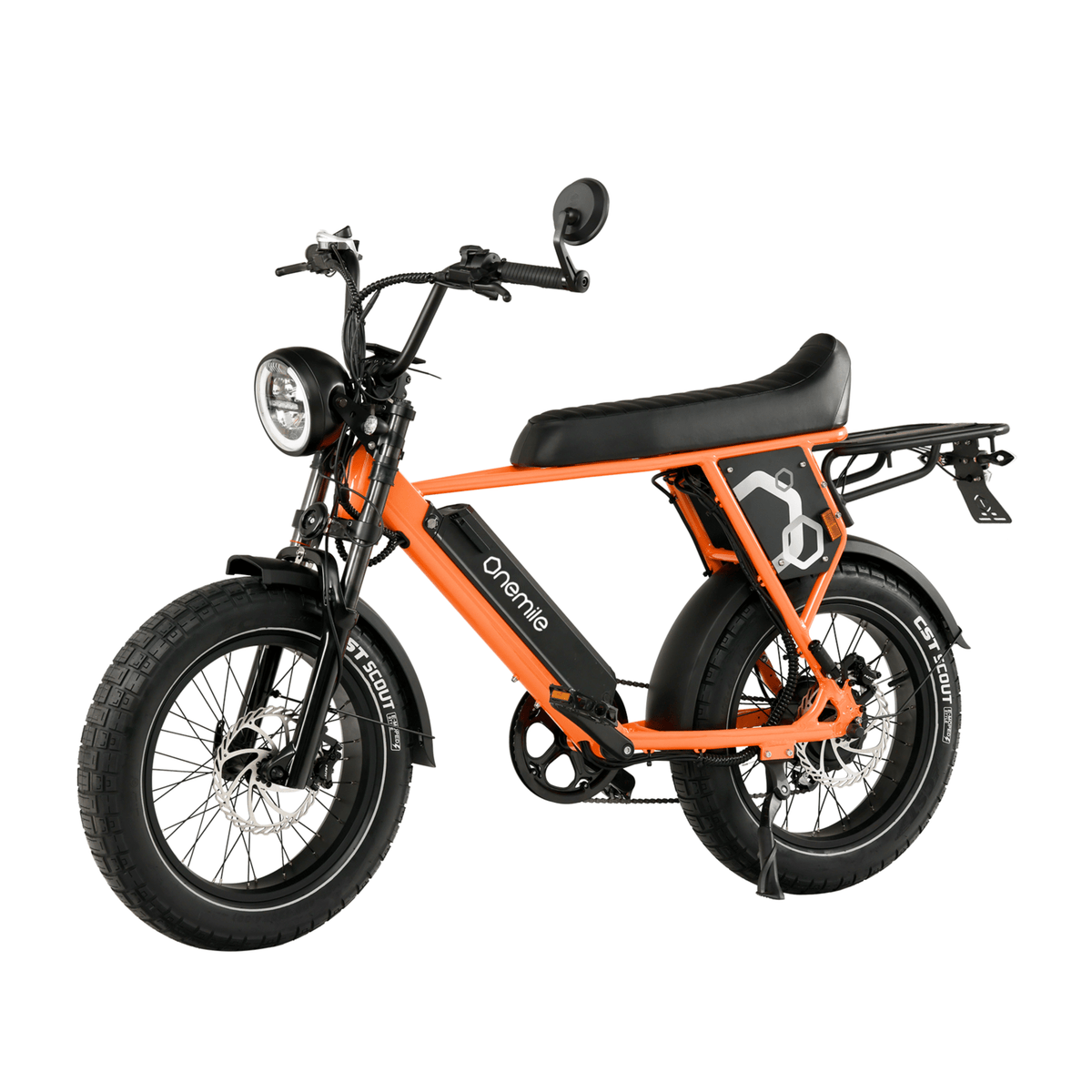 Onemile P40 Pro fatbike-elcykel snett framifrån i färgen orange