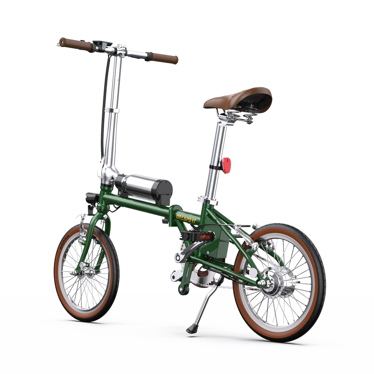 OneSport OT02 hopfällbar elcykel rakt framifrån i färgen grön