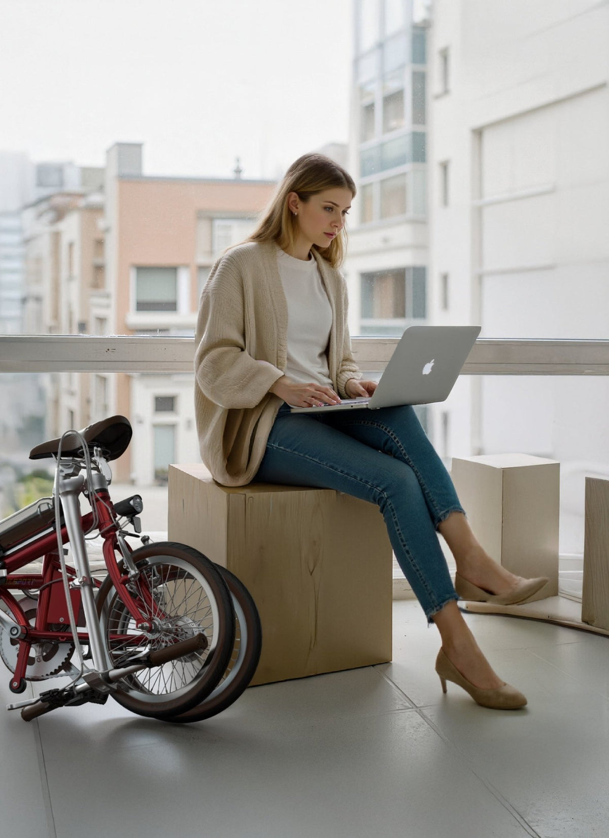 Person sitter bredvid OneSport OT02 hopfällbar elcykel i stadsmiljö