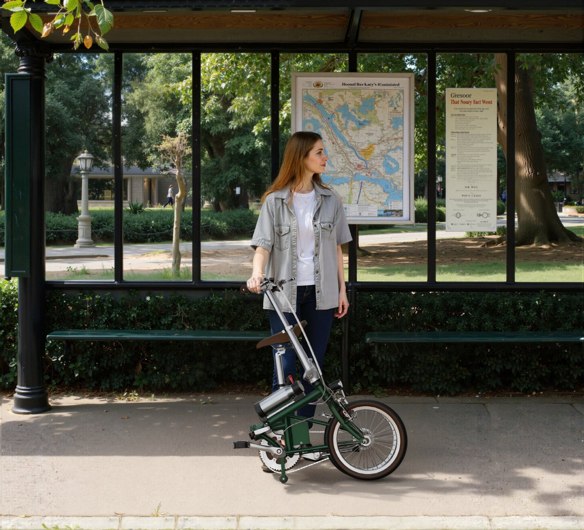 Kvinna står med OneSport OT02 hopfällbar elcykel i stadsmiljö
