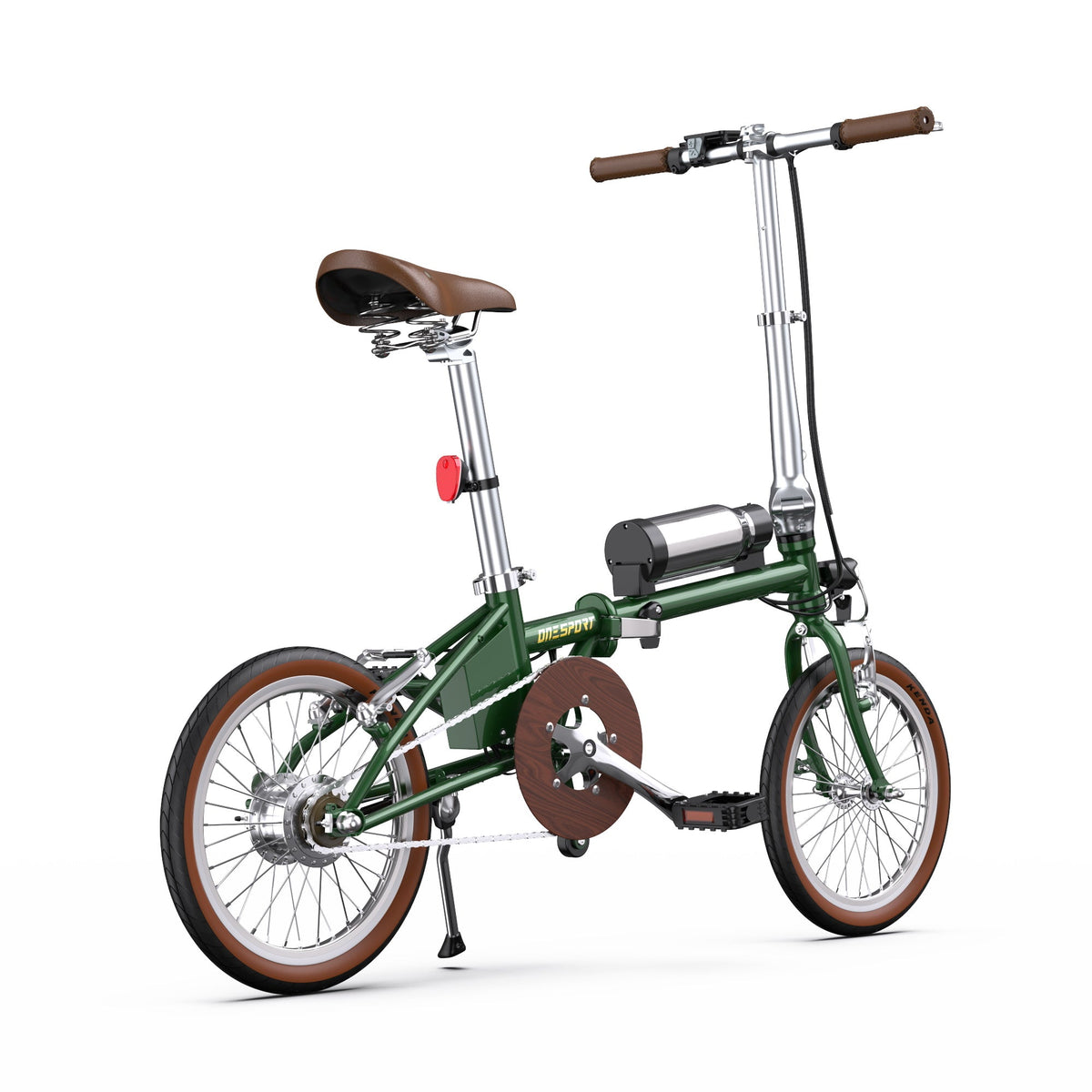 OneSport OT02 hopfällbar elcykel sedd från sidan i färgen grön från lågt perspektiv