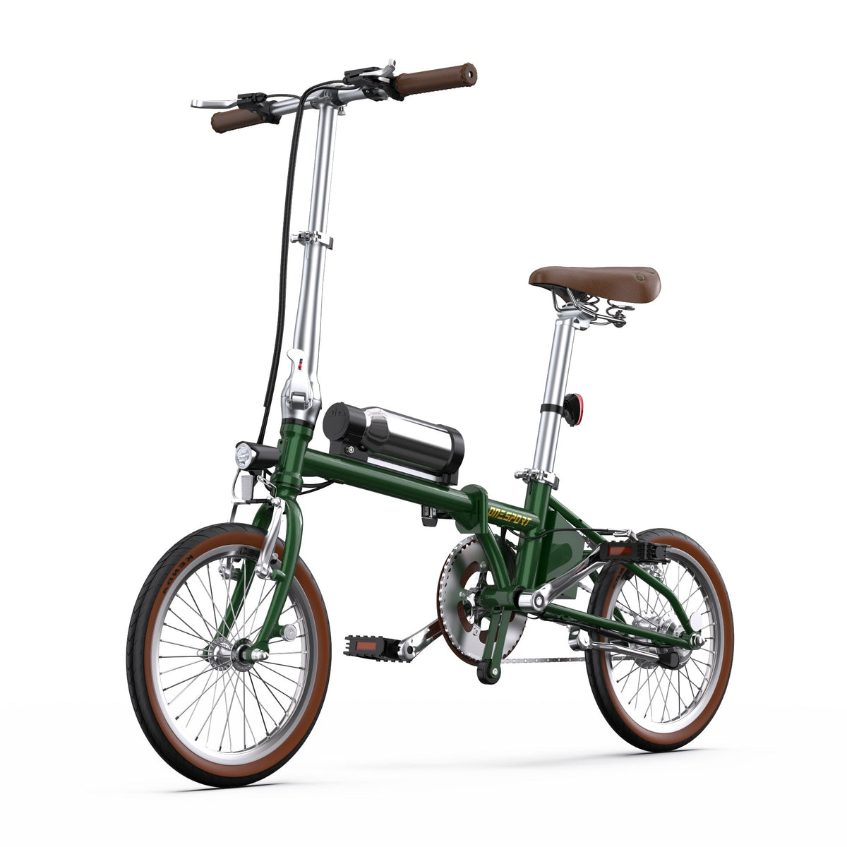 OneSport OT02 hopfällbar elcykel snett framifrån i färgen grön