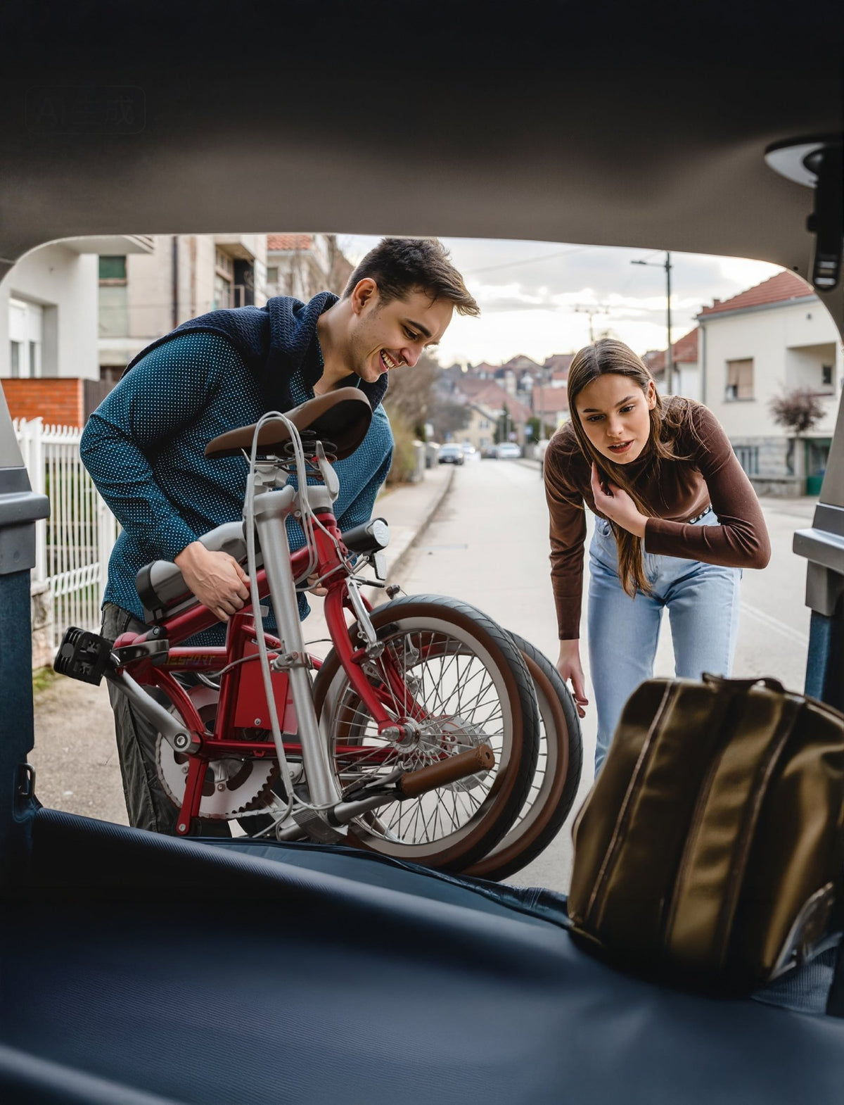 Hopfälld OneSport OT02 hopfällbar elcykel i bilens bagageutrymme