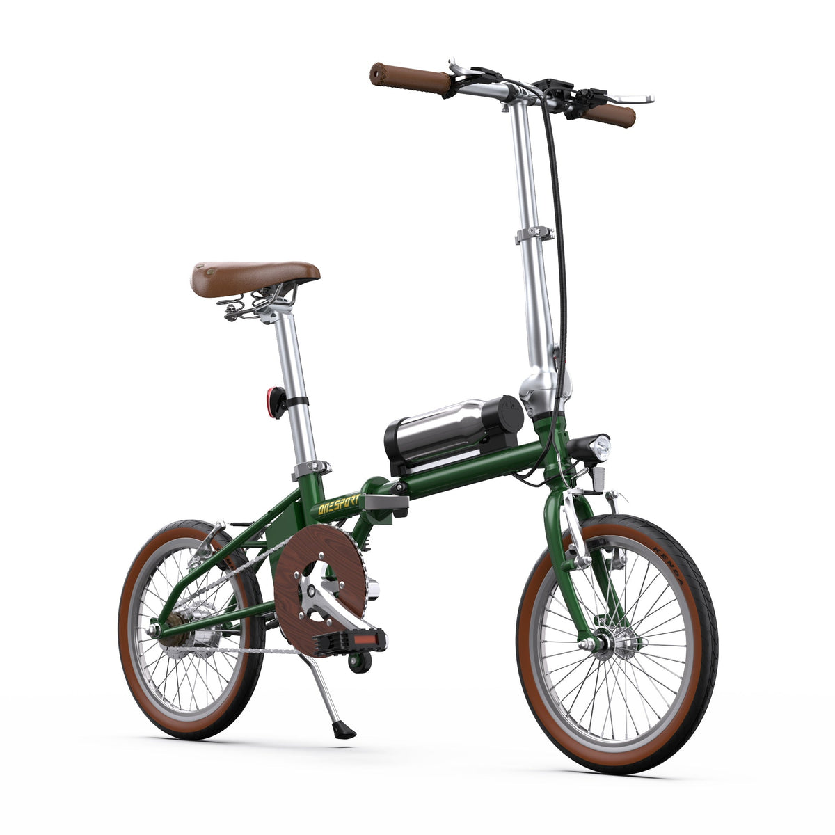 OneSport OT02 hopfällbar elcykel snett bakifrån i färgen grön