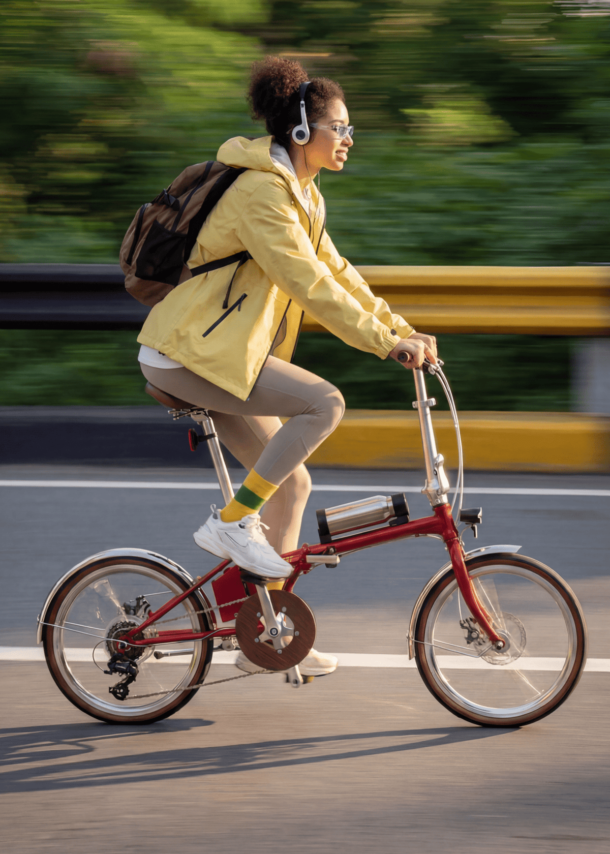 Kvinna som kör OneSport OT02 Pro hopfällbar elcykel i färgen röd på en väg
