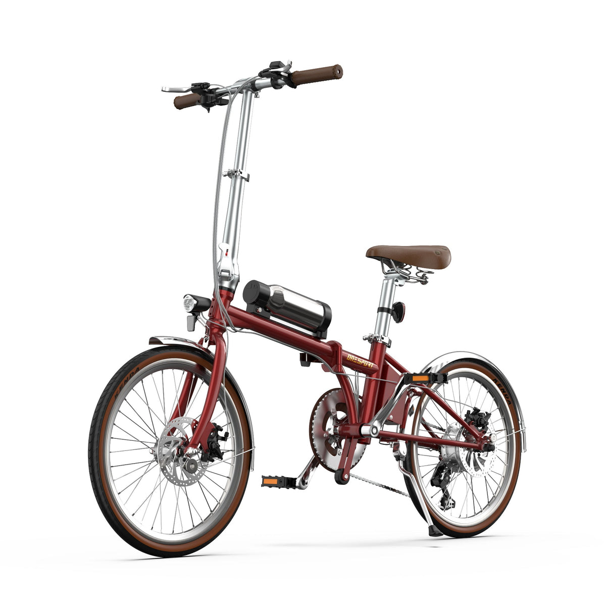 OneSport OT02 Pro hopfällbar elcykel snett framifrån i färgen röd