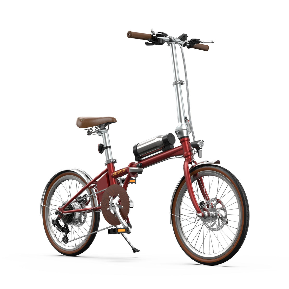 OneSport OT02 Pro hopfällbar elcykel snett framifrån från motsatt sida i färgen röd