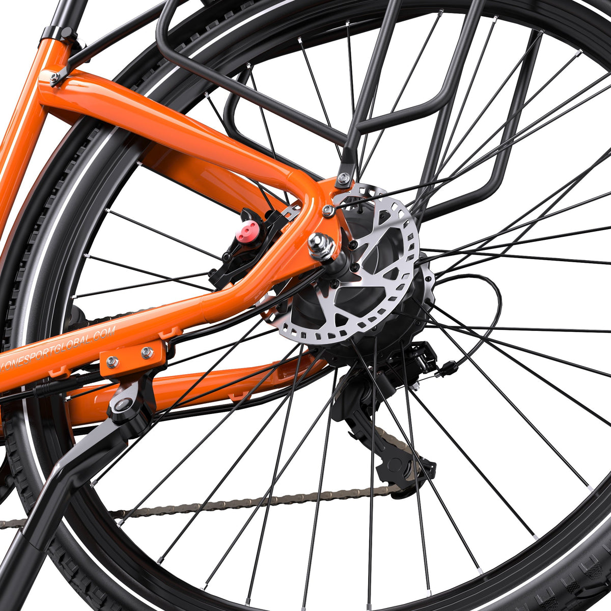 Växlar och kedja på OneSport OT05 Pro bakifrån i färgen orange