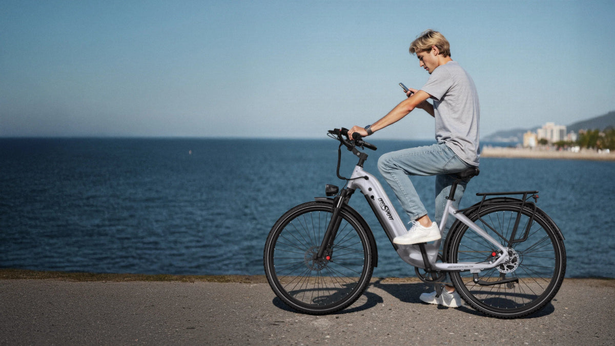 Person som kör OneSport OT05 Pro elcykel med hjälm vid havet i färgen ljusblå