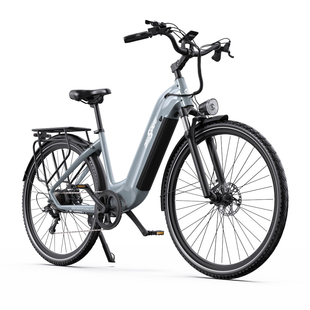 OneSport OT05 Pro elcykel snett framifrån från motsatt sida i färgen ljusblå