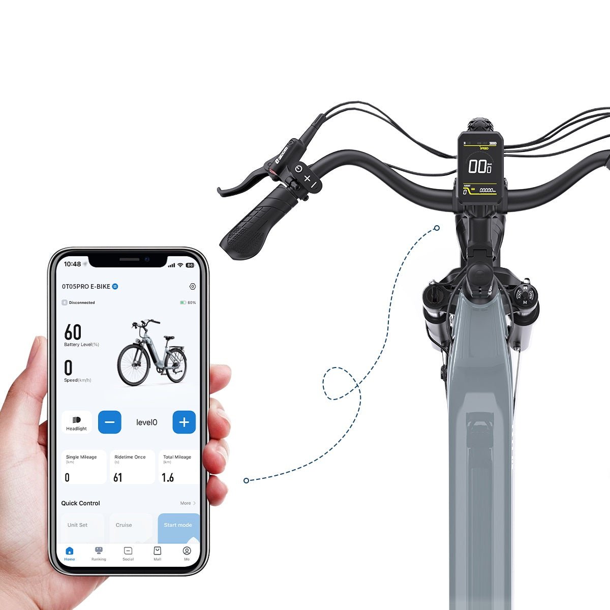 Mobilappen som styr OneSport OT05 Pro elcykel i färgen ljusblå