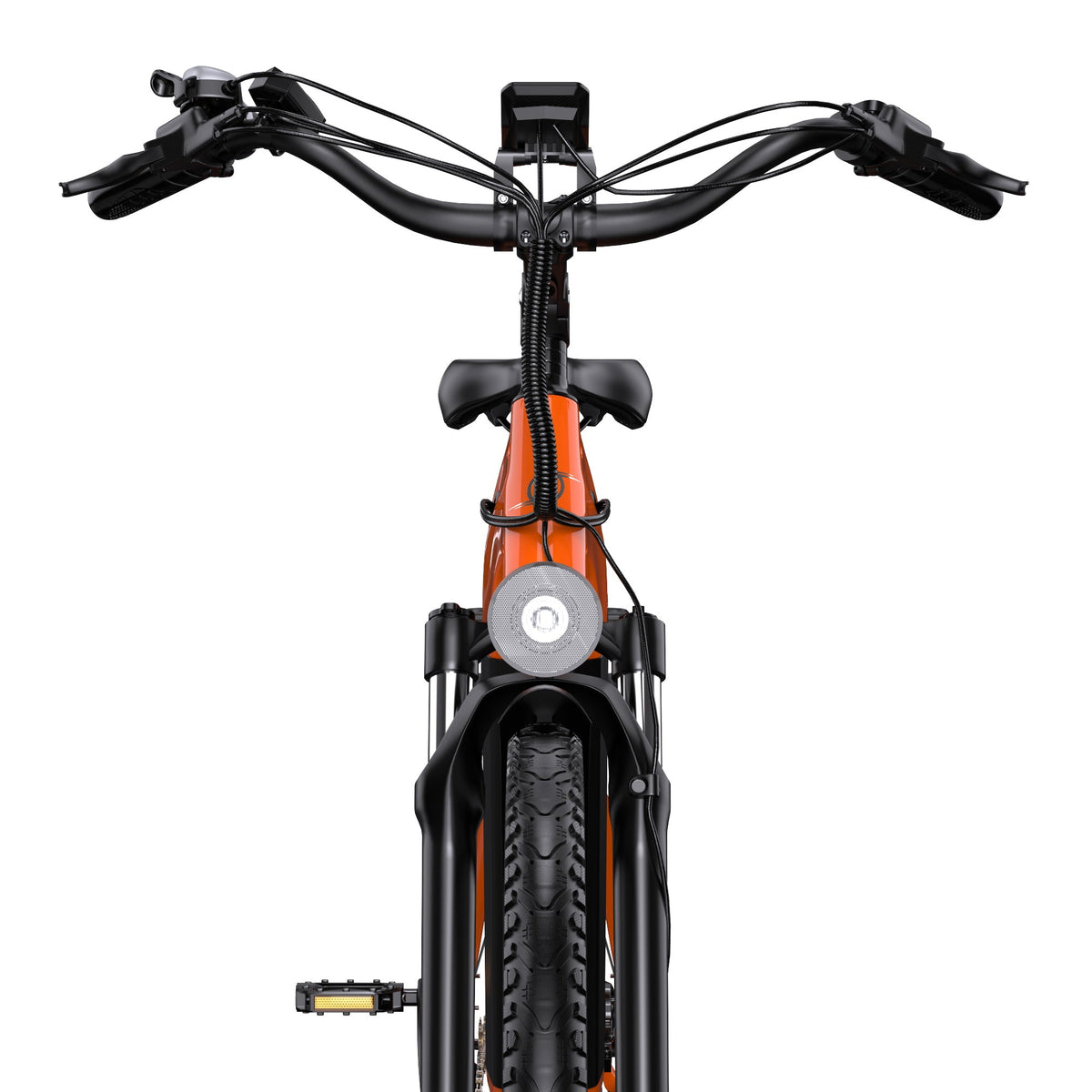 Styret på OneSport OT05 Pro med display och reglage i färgen orange