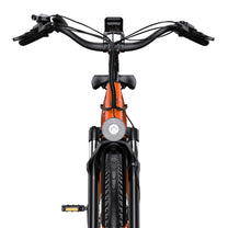 Styret på OneSport OT05 Pro med display och reglage i färgen orange