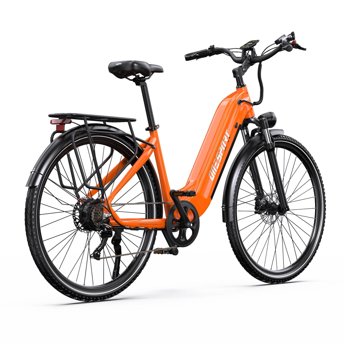 OneSport OT05 Pro elcykel snett bakifrån i färgen orange