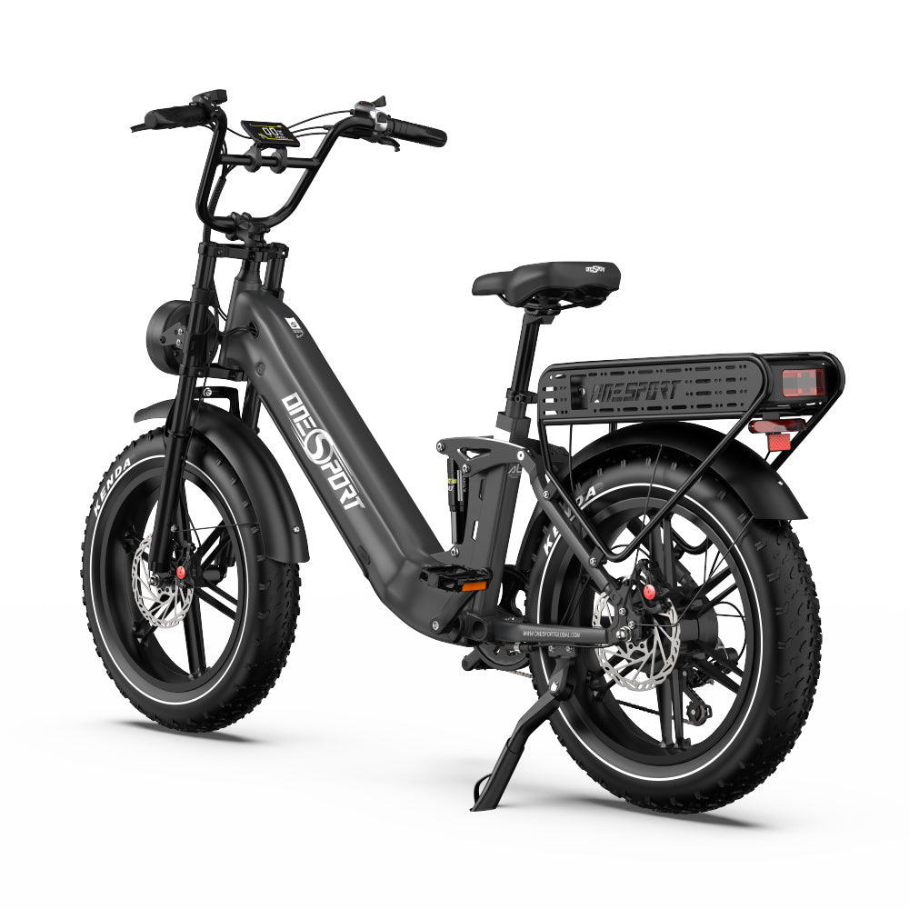 OneSport OT08 Pro fatbike-elcykel snett framifrån i färgen grå på stödbenet