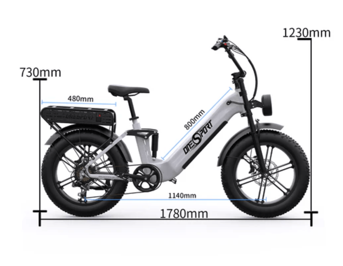 Måttskiss över OneSport OT08 Pro fatbike-elcykel i färgen vit