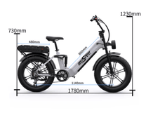 Måttskiss över OneSport OT08 Pro fatbike-elcykel i färgen vit