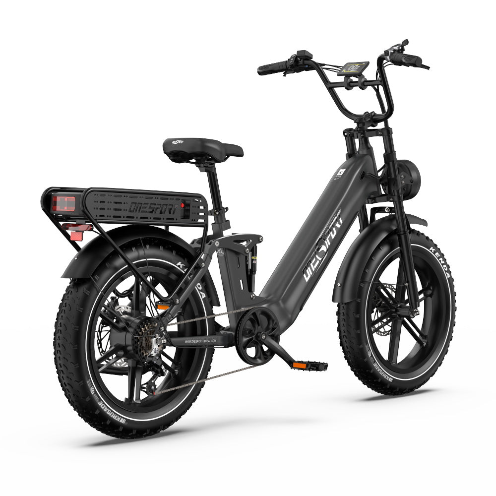 OneSport OT08 Pro fatbike-elcykel snett bakifrån i färgen grå