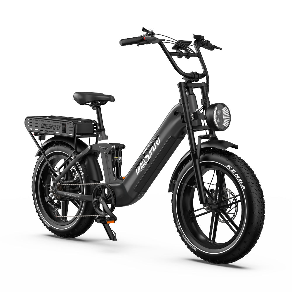 OneSport OT08 Pro fatbike-elcykel snett framifrån från motsatt sida i färgen grå