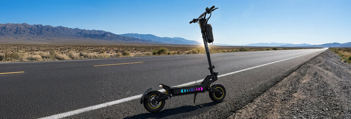 OOTD T10 Pro elsparkcykel snett framifrån på en väg