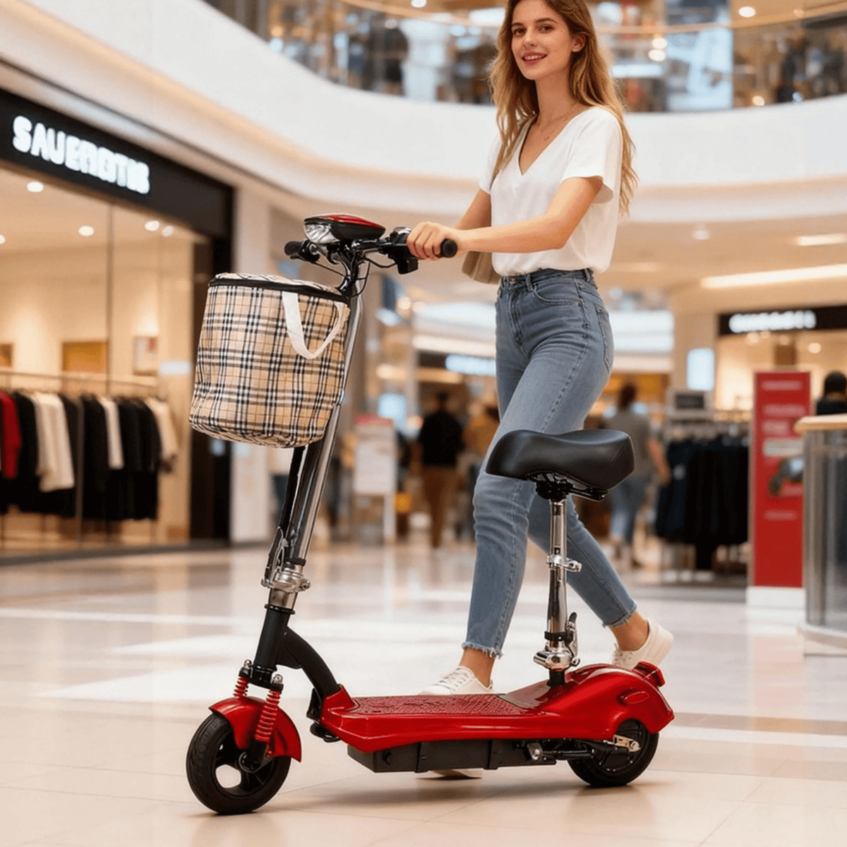 Kvinna som kör SEEDREAM M5 elsparkcykel i ett köpcentrum