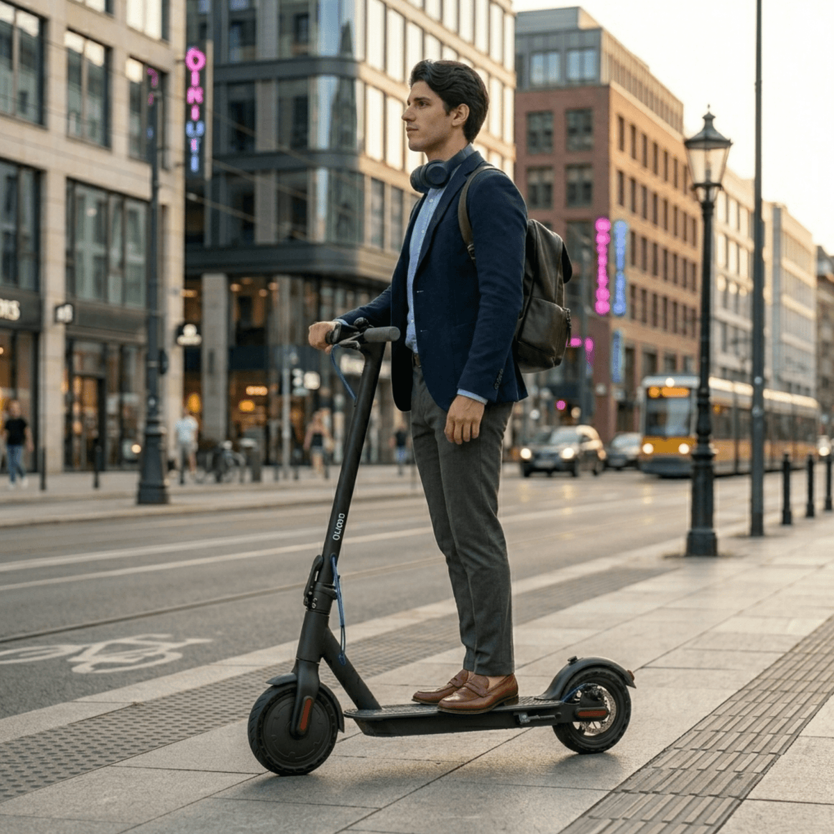 Man står med SEEDREAM RED WING MINI elsparkcykel i stadsmiljö