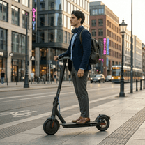 Man står med SEEDREAM RED WING MINI elsparkcykel i stadsmiljö