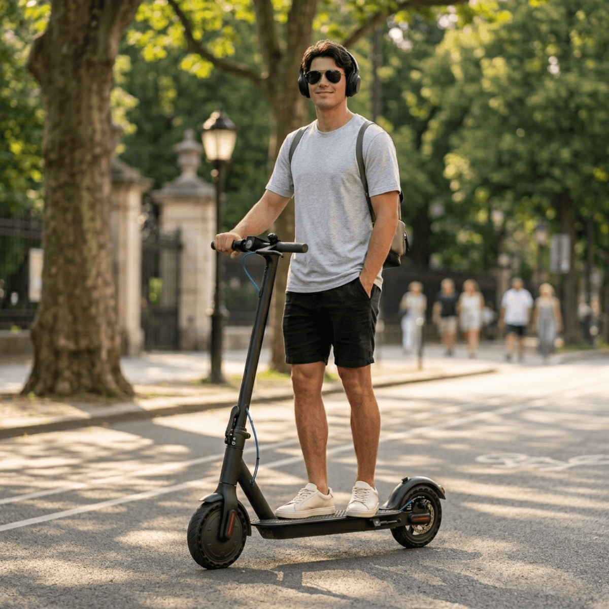 Man står med SEEDREAM RED WING MINI elsparkcykel i en park