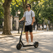 Man står med SEEDREAM RED WING MINI elsparkcykel i en park