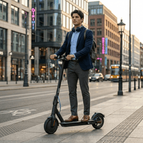 Man står med SEEDREAM RED WING MINI elsparkcykel i stadsmiljö
